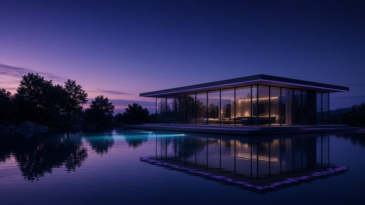 Glass pavilion at dusk, generated from a text prompt