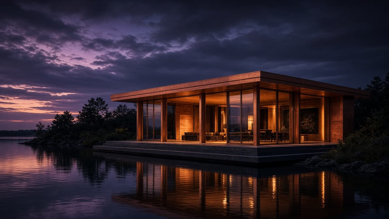 The same pavilion edited into warm copper and amber light